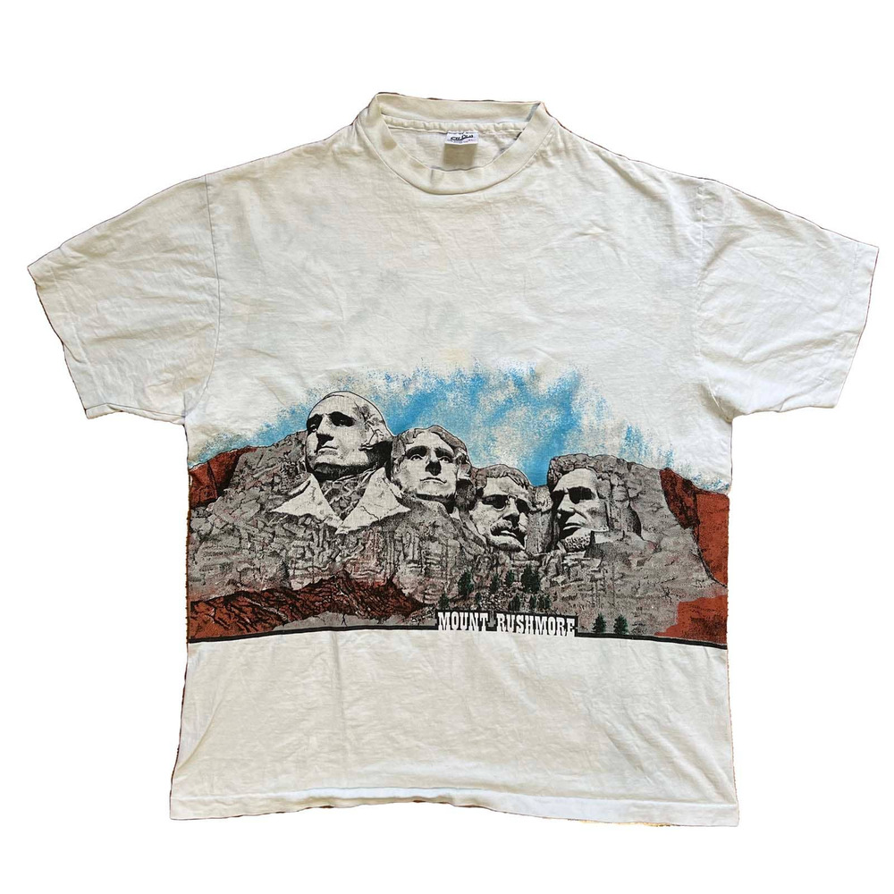 VINTAGE 80/90 ALL OVER PRINT MT RUSHMORE GRAPHIC TEE SHIRT MADE IN USA ANVIL XL